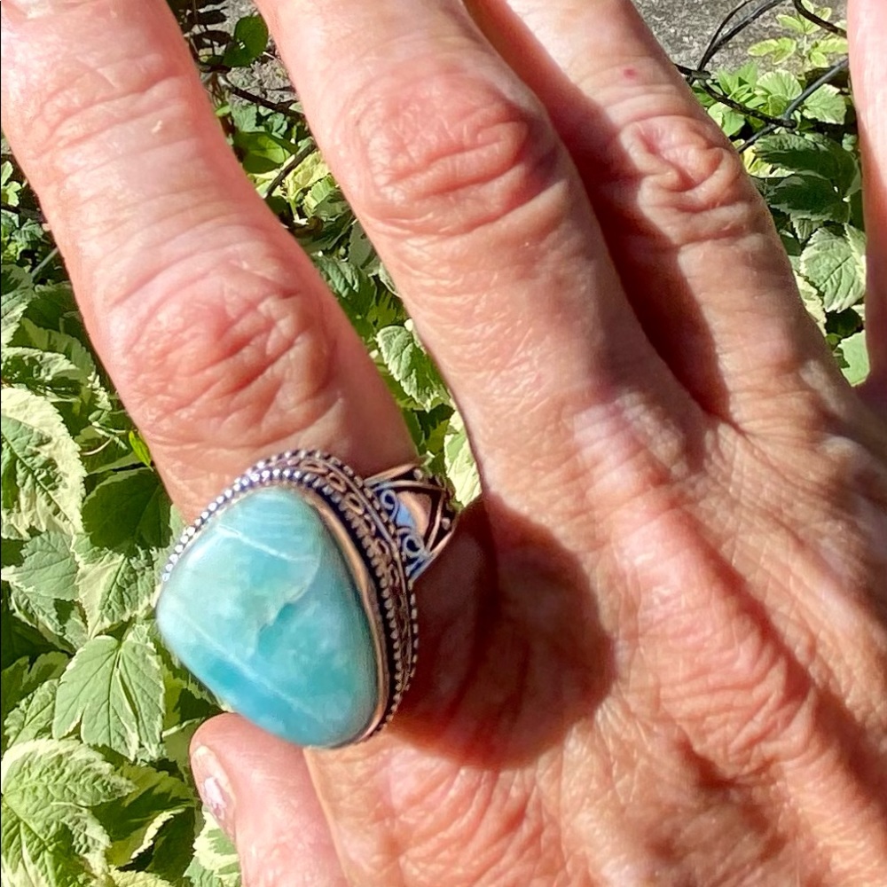 Vintage-Larimar & Sterling Silver Handcrafted Ring Size 9 - Picture 4 of 14